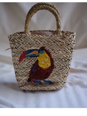 Anthropologie Straw Crossbody Bag with Colorful Toucan Embroidery NWOT
